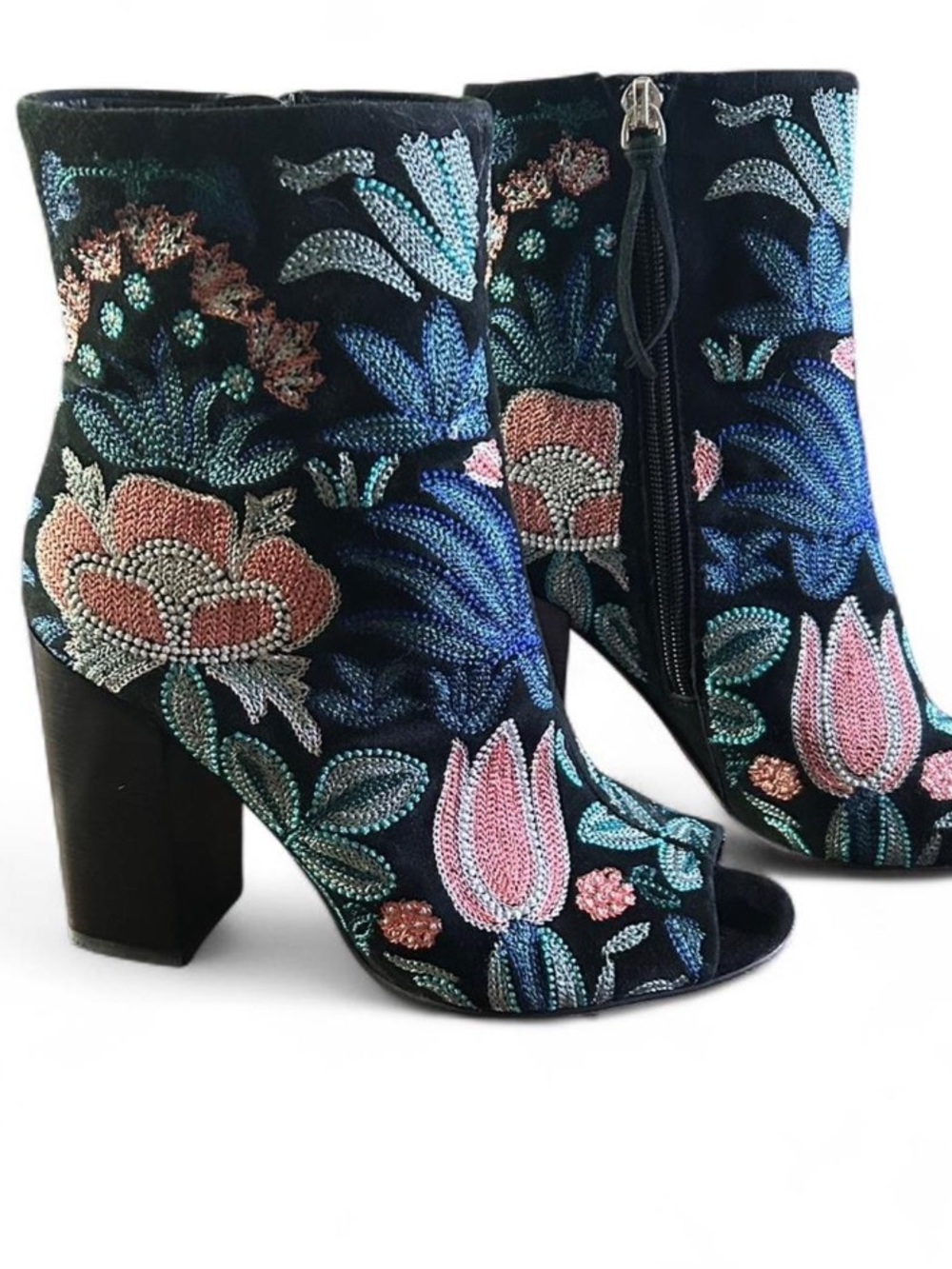 Rebecca Minkoff Black Floral Embroidered Peep-Toe Black Suede Ankle Boots. Sz 7